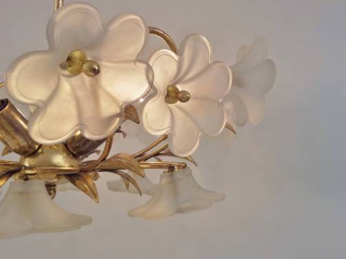 Pair Murano vintage chandeliers glass flowers & brass, 1950`s ca, Italian 